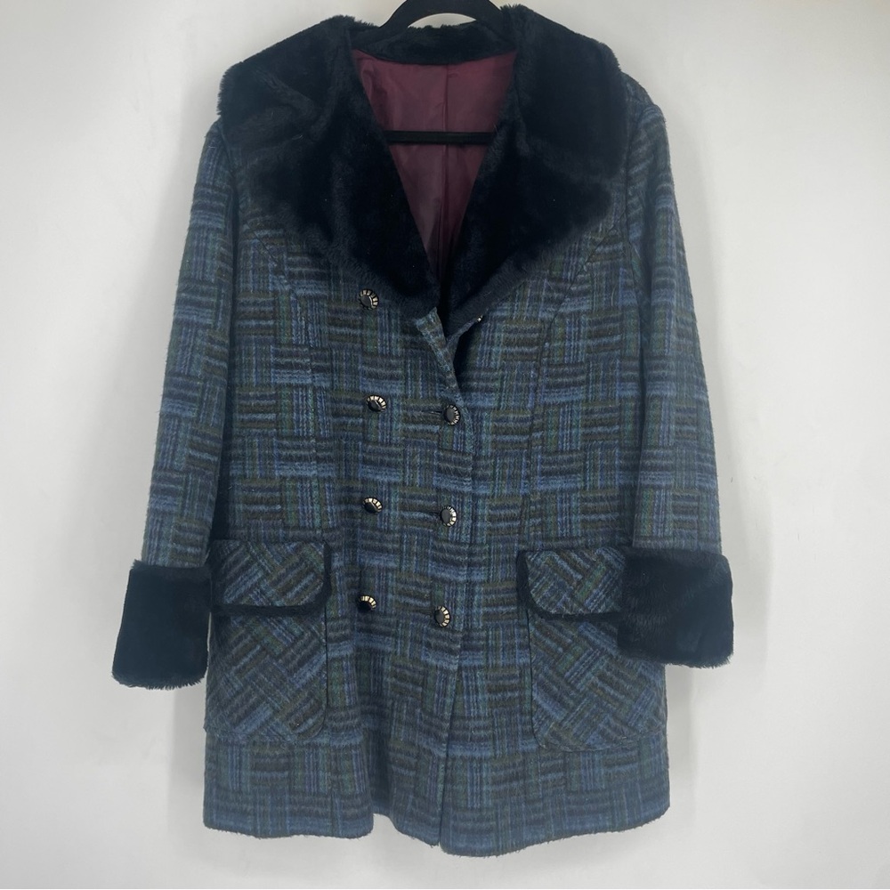 Vintage 60s Blue Plaid Wool Double Breast Jacket Coat Fur Collar Penny Lane Gogo